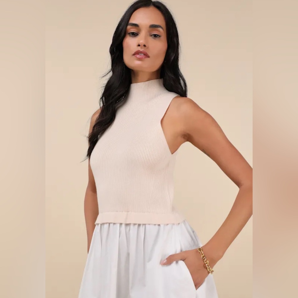 Lulus Confident Cues Ivory Two-Tone Mixed Media Midi Dress size small NWT - Picture 6 of 8